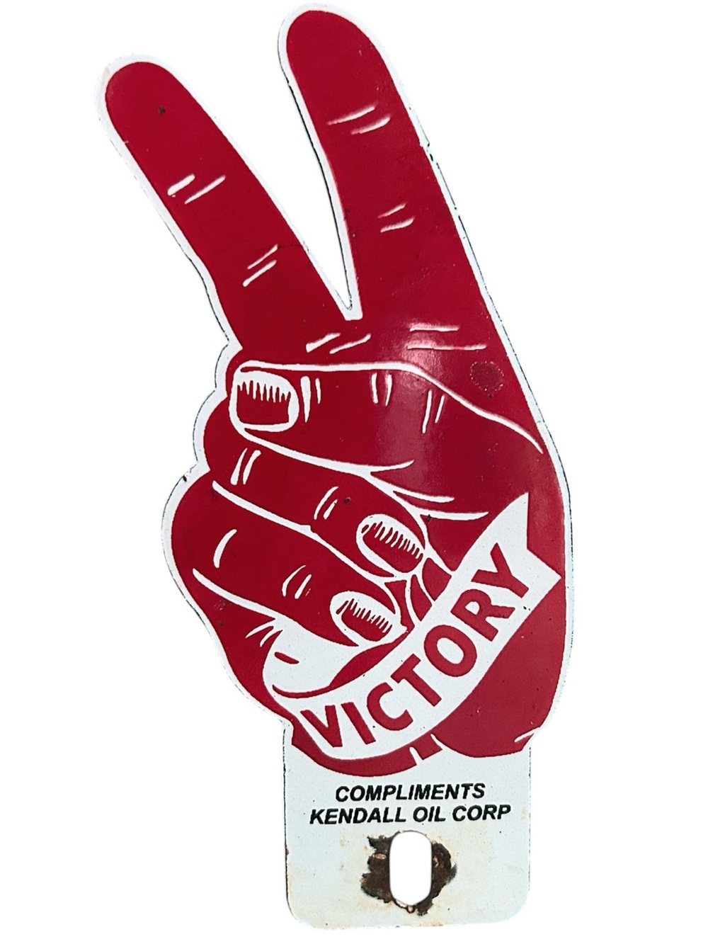 Vintage Kendall Oil Corp Victory Peace Sign Porcelain License Plate Topper